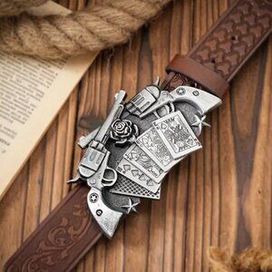 Playing Cards & Pistols w Rose Silver Brown 44" Pleather Belt
